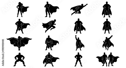 Superhero silhouette collection, 16 heroic character icons with capes, black comic book figures in action poses, male and female hero vector set