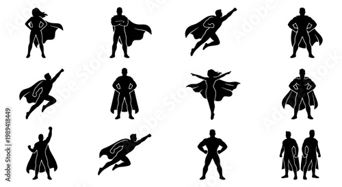 Superhero silhouette collection, 12 heroic character icons in black vector format, flying and standing poses with capes, comic book action figures