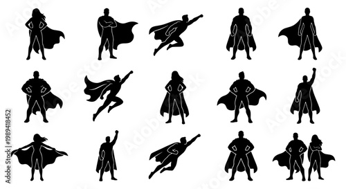 Superhero silhouette collection, 15 black vector icons of heroic characters with capes, flying and standing poses for comic book design
