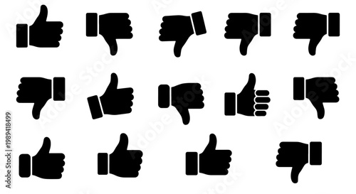 Thumbs up and thumbs down icon set, black hand silhouettes for feedback and rating, 14 vector elements for social media approval and dislike