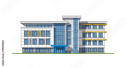 Modern Office Building Facade with Glass and White Walls, Architectural Design