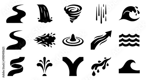 Water flow icons set, black liquid motion symbols and river stream vector elements, 15 nature weather and fluid wave pictograms
