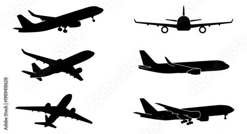 Airplane silhouette vector set, commercial aircraft icons in various flight angles, black passenger plane collection for travel and aviation design