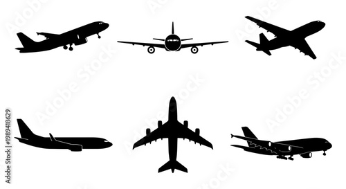 Airplane silhouette vector set, 6 commercial aircraft icons in various flight angles, black jet plane shapes for travel and aviation design