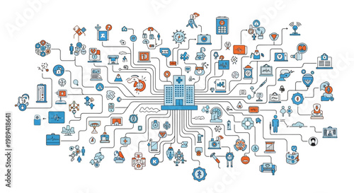 Healthcare Network Infographic: Hospital, Icons, Connections, Technology, Global Health Concept