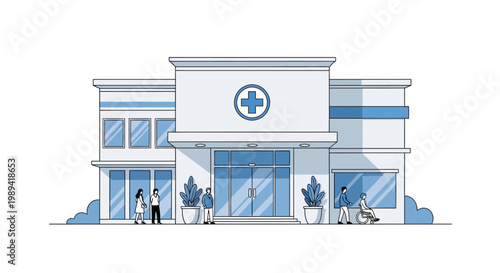 Modern Hospital Building Exterior with Patients and Medical Cross Symbol