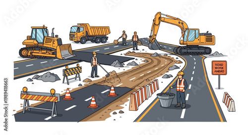 Road Construction Scene with Heavy Machinery and Workers