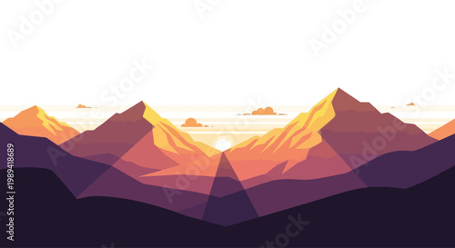 Minimalist Mountain Landscape at Sunset, Geometric Peaks and Warm Gradient Sky