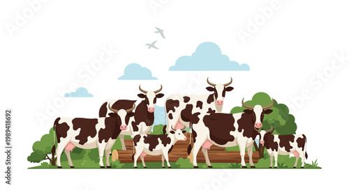 Holsteins Herd Grazing Green Pasture with Wooden Logs and Blue Sky