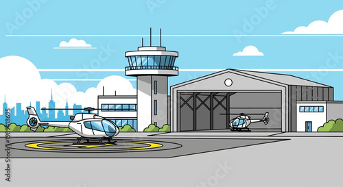 Helicopter Hangar and Control Tower at Airport Landing Pad, Aviation Scene