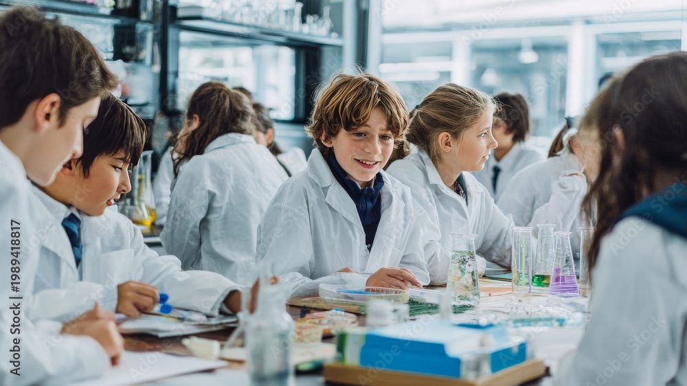 Fototapeta premium Children in lab coats engaged in a science experiment, learning and exploring together
