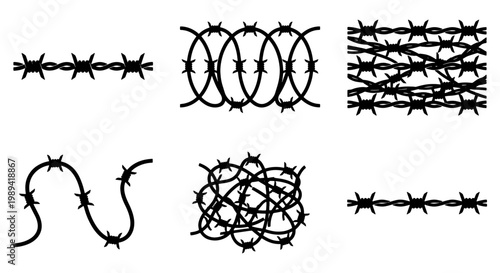 Barbed wire vector silhouettes set, black metal fence wire elements, sharp steel wire border collection for security and prison concepts