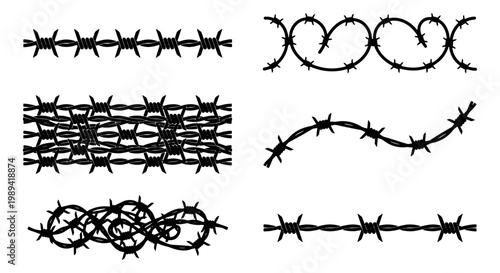 Barbed wire silhouette vector set, black metal wire fence borders and tangled coils, 6 sharp steel wire elements for security and prison concepts