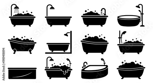 Bathtub icon set with 12 black silhouettes, bathroom plumbing fixtures with shower heads and soap bubbles, modern and vintage tub vector illustrations
