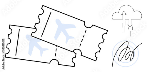 Air travel tickets. Air travel simplicity with ticket icons, cloud connectivity, and a secure signature. Air travel streamlining booking and ensuring secure transactions. Perfect for traveling apps