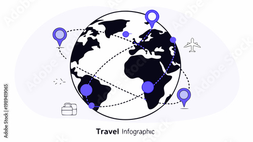Globe infographic illustrates international flight paths with location pins and luggage.