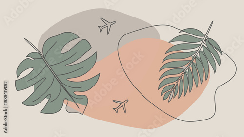 Minimalist foliage design features organic shapes and airplane icons on a light background.