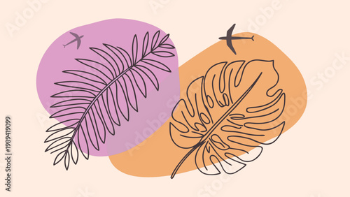 Palm leaves and airplanes create a tropical vacation themed background.