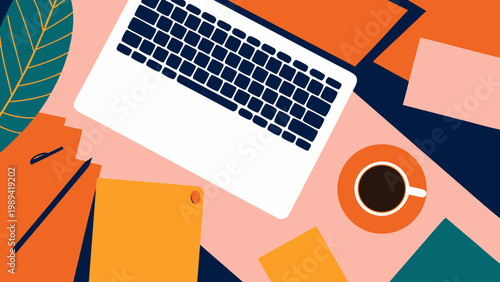 Laptop sits on a colorful desk surrounded by office supplies and a cup of coffee.