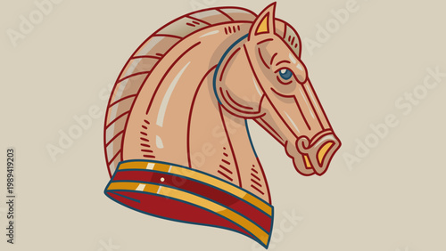 Horse bust features a detailed chess piece design rendered in a vintage decorative style.