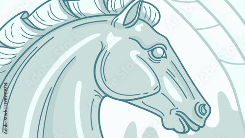 Horse head profile appears in a stylized graphic illustration with elegant line work.