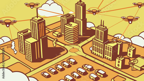 Cityscape illustration shows autonomous drones flying over a modern urban environment.