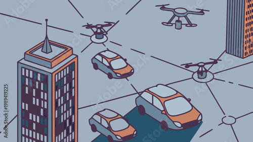 Cityscape shows autonomous vehicles navigating between buildings monitored by flying drones.
