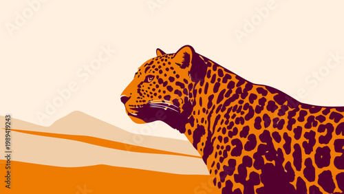 Leopard stands in a desert landscape during a vibrant golden hour sunset.