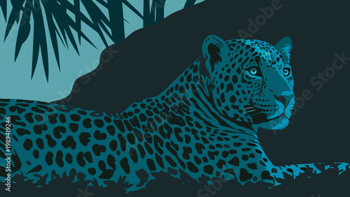Leopard rests near bamboo stalks in a dark environment with moody blue lighting effects.