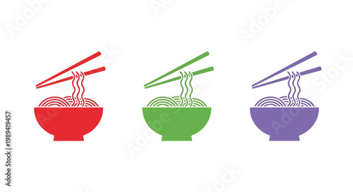 Colorful set of three bowls with chopsticks in red green and purple on white background for Asian cuisine or food