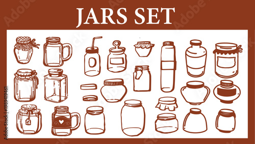 Hand-Drawn Glass Jars and Mason Jars Vector Set: Vintage Sketch of Empty Canning Containers for Jam, Honey, and Marmalade – Rustic Kitchen Preservation Icons for Food Labeling and Menu Design