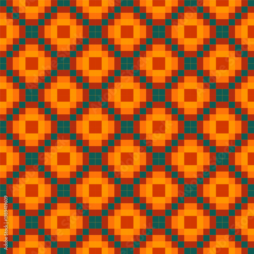 Seamless Pixel  vector Art Geometric Pattern with Orange and Teal Squares