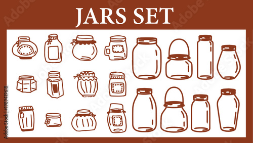 Hand-Drawn Glass Jars and Mason Jars Vector Set: Vintage Sketch of Empty Canning Containers for Jam, Honey, and Marmalade – Rustic Kitchen Preservation Icons for Food Labeling and Menu Design