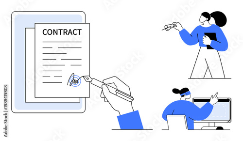 Legal agreements, business deals, workplace collaboration, professional documentation, team communication, contract execution. Hand signing a contract, professionals working and discussing. Legal