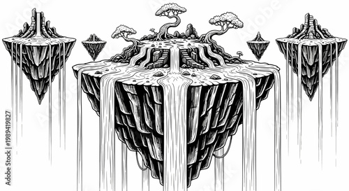 Fantasy Floating Islands with Cascading Waterfalls and Mystical Trees, Hand-Drawn Black and White Surreal Landscape Illustration