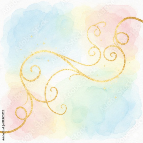 Abstract Pastel Watercolor Background with Shimmering Gold Glitter Filigree and Swirls