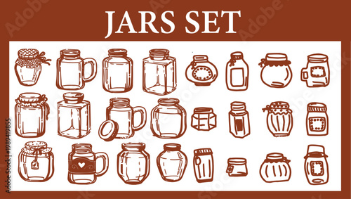 Hand-Drawn Glass Jars and Mason Jars Vector Set: Vintage Sketch of Empty Canning Containers for Jam, Honey, and Marmalade – Rustic Kitchen Preservation Icons for Food Labeling and Menu Design
