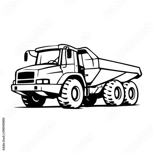 Logotipo con dibujo minimalista con líneas de un camión volquete. Autovolquete cargador para trabajo en minas o canteras 