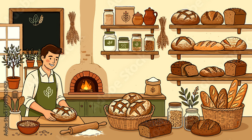 Artistic illustration of a baker preparing fresh bread in a rustic bakery setting, with shelves filled with baked goods and a traditional oven