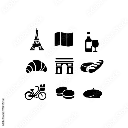 Set of iconic symbols of paris, france in a beautifully crafted vector icon set, suitable for travel guides and city promotions.