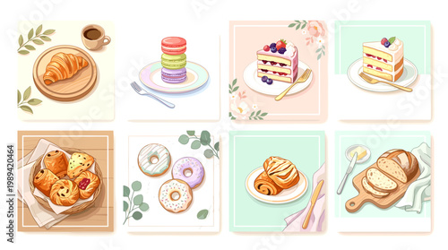 Charming Collection of Pastel Illustrations Featuring a Delectable Assortment of Bakery Goods, Sweet Treats, and Desserts, Ideal for Cafe Menus, Cookbooks, and Culinary Design Projects