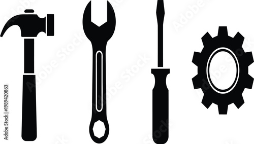 Black silhouette tools hammer wrench screwdriver and pipe wrench