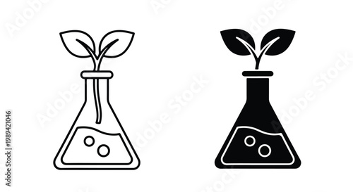 Simple black and white line drawing of a laboratory flask with a small plant sprouting from the top symbolizing growth