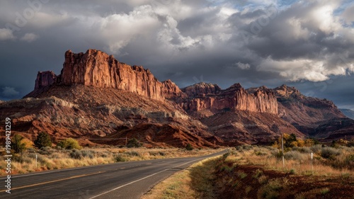 Dramatic desert landscape with towering red rock formations and a winding road under stormy skies