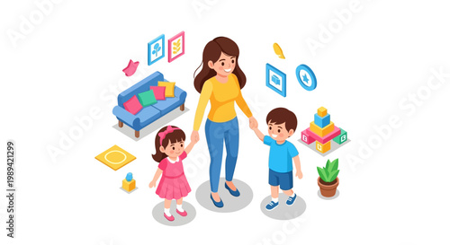 Isometric vector art features a loving mother tenderly holding hands with her young daughter and son in a brightly colored playroom with a joyful mood, celebrating Mother's Day