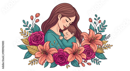 Charming Mother's Day illustration featuring a cartoon mother tenderly embracing her child amidst a colorful arrangement of roses and lilies, conveying warmth and love in a clean