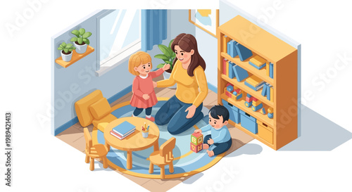 Isometric vector art depicts a loving Mother's Day scene, showing a mother kneeling and interacting with her toddler and baby in a warmly colored room with a bookshelf, conveying the love