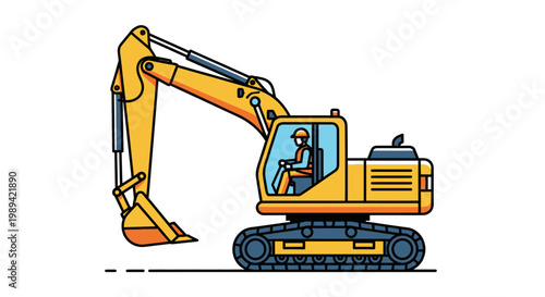Construction Excavator Machine Driver in Cabin on White Background Vector Illustration
