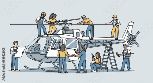 Teamwork building helicopter, aviation engineering, aircraft assembly, creative industry, mechanical repair