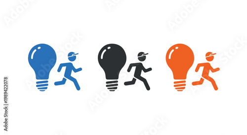 Colorful light bulb icons with running figure representing ideas, innovation, and energy in a modern design